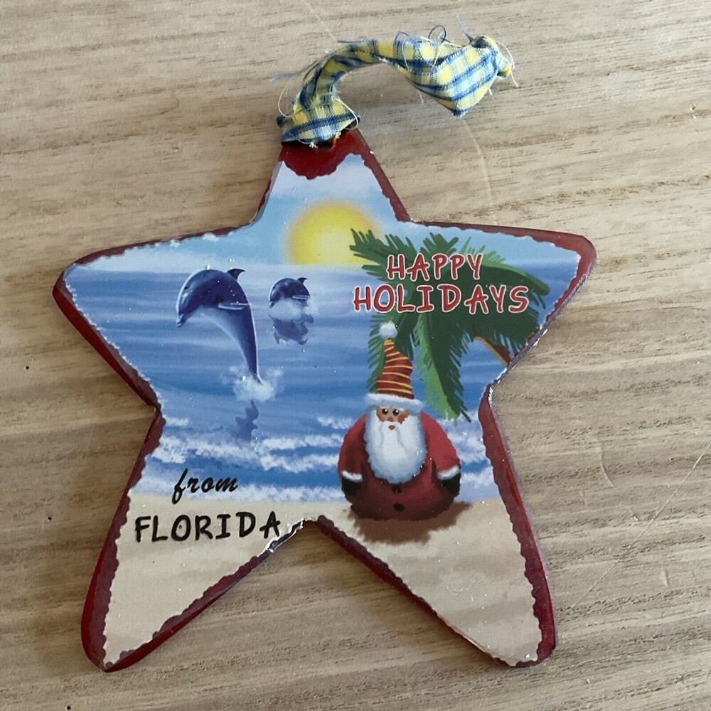 Florida Tourist Souvenir red glass Painted Star CHRISTMAS TREE ORNAMENT